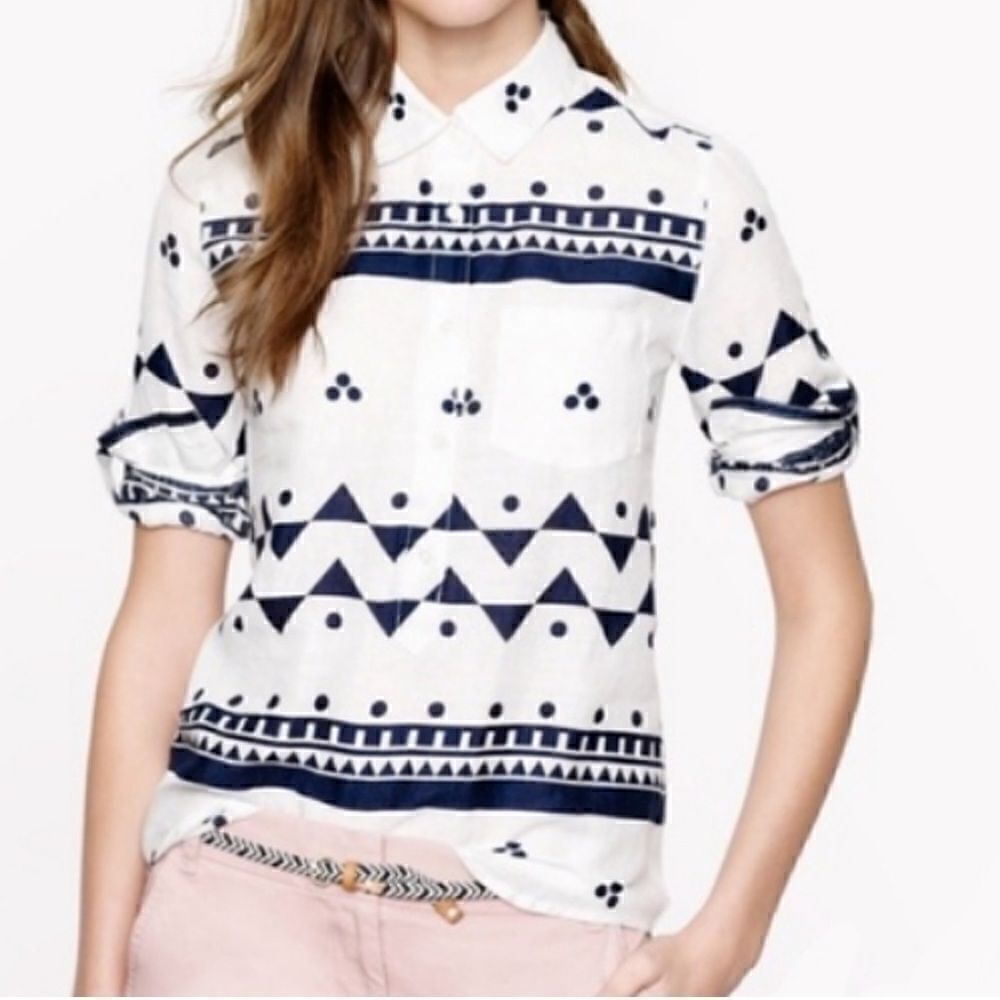 J. Crew Camp Popover in Roller Girl Navy Blue White Print